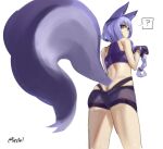  1girl ? animal_ears arknights ass bangs bare_shoulders braid brown_eyes butt_crack closed_mouth eyebrows_visible_through_hair firstw1 from_behind from_below gloves highres large_tail long_hair looking_at_viewer looking_back looking_down provence_(arknights) purple_gloves purple_hair purple_shorts shorts single_braid solo speech_bubble spoken_question_mark sports_bra tail thighs twitter_username wolf_ears wolf_girl wolf_tail 