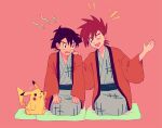  2boys ;d ash_ketchum bangs brown_hair commentary_request flying_sweatdrops gary_oak grey_kimono hand_on_another&#039;s_shoulder hands_on_lap hands_up itome_(funori1) jacket japanese_clothes kimono male_focus multiple_boys notice_lines one_eye_closed open_mouth orange_jacket pikachu pink_background pokemon pokemon_(anime) pokemon_(classic_anime) pokemon_(creature) sash short_hair sitting smile spiky_hair sweatdrop tongue 