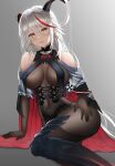  1girl absurdly_long_hair absurdres aegir_(azur_lane) armored_boots azur_lane bare_shoulders black_cape black_footwear black_legwear bodystocking boots breast_curtains breasts brown_gloves cape cross cross-laced_clothes cross_earrings demon_horns earrings eroge-_(artist) gloves gradient gradient_background grey_background hair_between_eyes hair_on_horn highres horns impossible_clothes iron_cross jewelry knee_boots large_breasts long_hair looking_at_viewer multicolored_hair redhead simple_background single_knee_boot solo streaked_hair underbust very_long_hair white_hair yellow_eyes 
