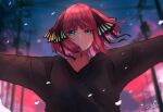  1girl bangs black_ribbon black_sweater blue_eyes blunt_bangs butterfly_hair_ornament epeulu_(ate5424) evening eyebrows_visible_through_hair from_below go-toubun_no_hanayome hair_ornament highres looking_at_viewer nakano_nino outstretched_arms pink_hair ribbon shiny shiny_hair smile snowflakes sunset sweater twintails 
