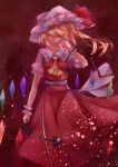  absurdres ascot blonde_hair breasts calpis118 closed_mouth flandre_scarlet frilled_shirt_collar frills hair_between_eyes hand_in_hair hat hat_ribbon highres holding holding_polearm holding_weapon laevatein_(touhou) long_skirt looking_at_viewer medium_hair mob_cap polearm puffy_short_sleeves puffy_sleeves rainbow_order red_background red_eyes red_ribbon red_skirt red_theme ribbon shirt short_sleeves side_ponytail skirt small_breasts touhou weapon white_headwear white_shirt wings wrist_cuffs yellow_ascot 