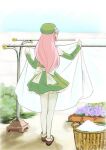  1girl bare_shoulders basket bed_sheet beret bush commentary day detached_sleeves dress flower from_behind full_body garden green_dress green_headwear green_sleeves hat headphones holding holding_sheet laundry laundry_basket laundry_pole long_hair maki_(nasulily) momone_momo outdoors pink_hair solo standing utau white_legwear 