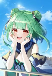  1girl :d bangs black_ribbon blue_dress blue_hair blue_sky blush clouds commentary day detached_collar double_bun dress eyebrows_visible_through_hair green_hair green_nails gya_(144) hair_ornament hair_ribbon hands_on_own_cheeks hands_on_own_face head_rest highres hololive long_hair looking_at_viewer multicolored_hair nail_polish red_eyes ribbon short_sleeves skull_hair_ornament sky smile solo streaked_hair teeth upper_body upper_teeth uruha_rushia virtual_youtuber 