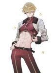  1boy abs belt blonde_hair commentary_request cowboy_shot crop_top fate/grand_order fate/hollow_ataraxia fate_(series) gilgamesh_(fate) hand_on_hip jacket long_sleeves looking_at_viewer male_focus nunok pants parted_lips red_eyes red_pants red_shirt shirt short_hair shrug_(clothing) simple_background smile solo sparkle white_background white_jacket 