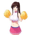  1girl :d absurdres bangs brown_hair cheerleader collarbone eyebrows_visible_through_hair halter_top halterneck highres holding holding_pom_poms long_hair looking_at_viewer marui_koishi navel open_mouth original pink_skirt pleated_skirt pom_pom_(cheerleading) ponytail shirt sidelocks simple_background skirt sleeveless sleeveless_shirt smile solo standing violet_eyes white_background white_shirt 