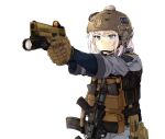  1girl absurdres assault_rifle blue_eyes blue_shirt brown_gloves chin_strap clov3r commentary gloves grey_jacket gun h&amp;k_hk416 handgun helmet highres holster jacket korean_commentary load_bearing_vest magazine_(weapon) military mixed-language_commentary original parted_lips pink_hair pistol rifle scope shirt short_hair sig_sauer simple_background solo sweat tactical_clothes weapon weapon_request white_background 