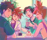  1girl 3boys :d brock_(pokemon) brown_hair cake cake_slice closed_eyes closed_mouth commentary_request cup drinking_straw food gary_oak glass green_shirt headband holding holding_cup itome_(funori1) labcoat misty_(pokemon) multiple_boys one_side_up open_mouth plate pokemon pokemon_(anime) pokemon_(classic_anime) purple_shirt shirt short_hair short_sleeves smile spiky_hair suspenders sweatdrop t-shirt table tongue tracey_sketchit vest yellow_shirt 