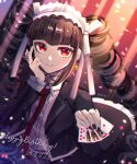  1girl artist_name bangs black_hair bonnet card celestia_ludenberg claw_ring danganronpa:_trigger_happy_havoc danganronpa_(series) dated drill_hair earrings frills gothic_lolita hand_up happy_birthday holding holding_card jewelry lolita_fashion long_hair looking_at_viewer mikao_(eanv5385) necktie queen_of_hearts_(card) red_eyes red_necktie shiny shiny_hair smile solo twin_drills twintails 
