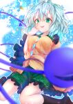  1girl absurdres akanbe aqua_hair black_legwear blouse blurry blurry_background blurry_foreground breasts calpis118 eyebrows_visible_through_hair frilled_shirt_collar frilled_skirt frilled_sleeves frills from_below green_eyes green_skirt hair_between_eyes highres kneehighs komeiji_koishi long_sleeves medium_breasts medium_hair messy_hair no_shoes skirt solo third_eye tongue tongue_out touhou yellow_blouse 