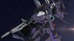  beam_rifle commentary_request energy_gun gundam gundam_narrative highres lilya_(lilya_litvak) mecha mobile_suit no_humans red_eyes science_fiction signature silver_bullet_suppressor solo space star_(sky) v-fin weapon 