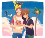  2boys alolan_exeggutor arm_around_shoulder baseball_cap black_shirt blue_oak blue_pants buttons closed_mouth clouds collared_shirt commentary_request cutiefly day green_shorts hat holding holding_map itome_(funori1) male_focus map multiple_boys on_head outdoors pants pikachu pikipek pointing pokemon pokemon_(creature) pokemon_(game) pokemon_on_head pokemon_sm reading red_(pokemon) red_headwear shirt short_sleeves shorts sky strap t-shirt 