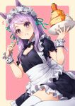  1girl ^^^ alternate_costume animal_ears blush cake carrot closed_mouth commentary_request eating enmaided eyebrows_visible_through_hair food food_on_face fork green_ribbon hair_ribbon highres holding holding_fork holding_plate horse_ears horse_girl long_hair looking_at_viewer maid maid_headdress mejiro_mcqueen_(umamusume) plate puffy_short_sleeves puffy_sleeves purple_hair purple_tail ribbon short_sleeves sitting solo suneru thigh-highs thighs umamusume white_legwear 