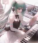  1girl absurdres bare_shoulders black_bow blurry blurry_background bow breasts commentary_request dress dress_bow elbow_gloves frills gloves green_eyes green_hair hair_ornament hatsune_miku highres holding holding_paper indoors instrument lo-ta long_hair microphone miku_symphony_(vocaloid) paper piano piano_bench pop_filter sheet_music sitting sitting_on_bench small_breasts smile solo studio_microphone twintails very_long_hair vocaloid white_gloves 