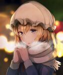  1girl blonde_hair blurry bokeh breath breathing_on_hands depth_of_field dress fumei_(mugendai) hat maribel_hearn medium_hair mob_cap open_mouth own_hands_together purple_dress red_ribbon ribbon scarf solo touhou violet_eyes 