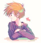  1boy :d arrow_(symbol) bangs blue_oak brown_eyes brown_hair commentary_request itome_(funori1) jewelry long_sleeves looking_back male_focus necklace open_mouth pokemon pokemon_(game) pokemon_rgby purple_shirt shiny shiny_hair shirt short_hair smile solo upper_body white_background 