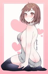  1girl ass bang_dream! bangs bare_back bare_shoulders black_legwear blush border breasts brown_eyes brown_hair butt_crack closed_mouth commentary embarrassed from_behind full_body grey_sweater halterneck hand_on_own_foot hand_on_own_leg hazawa_tsugumi heart heart_print looking_at_viewer looking_back medium_breasts meme_attire naked_sweater no_bra no_panties no_shoes pink_border polka_dot pout sakurahara short_hair sideboob sidelocks sitting skindentation solo sweater thigh-highs thighs twitter_username two-tone_background virgin_killer_sweater yokozuwari zettai_ryouiki 