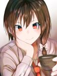  1girl alcohol bow brown_hair choko_(cup) collared_shirt cup fumei_(mugendai) hair_bow hand_on_own_cheek hand_on_own_face head_rest holding holding_cup looking_at_viewer necktie no_hat no_headwear red_eyes red_necktie sake shirt short_hair smile solo touhou usami_renko 