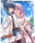  2girls ahoge arm_hug artist_name bag belt blue_eyes blue_hair blue_sky blurry blush bokeh border building clouds commentary depth_of_field dress floral_print hair_bun highres kagamihara_nadeshiko long_hair looking_at_another multiple_girls necktie open_mouth outdoors pink_dress pink_hair satchel shima_rin shorts shoulder_bag sky smile thigh-highs tree violet_eyes white_border yomo yuri yurucamp 