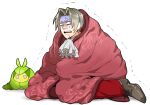  1boy 1other ace_attorney ascot bangs blank_eyes blanket crossover gpnet grey_hair miles_edgeworth parted_bangs pokemon scared short_hair simple_background sitting swadloon sweat trembling white_ascot white_background 