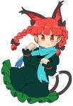  animal_ear_fluff animal_ears bow braid cat_ears clenched_hands dress extra_ears green_dress ini_(inunabe00) kaenbyou_rin multiple_tails nekomata paw_pose pointy_ears red_eyes redhead scarf simple_background subterranean_animism tail touhou tsurime twin_braids whiskers white_background 