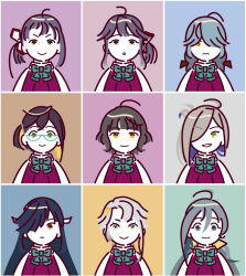  6+girls akishimo_(kancolle) asashimo_(kancolle) blue_bow blue_bowtie blue_hair blunt_bangs bow bowtie brown_hair closed_mouth collared_shirt commentary_request dress fujinami_(kancolle) glasses green_eyes grey_hair grin hair_between_eyes hair_ornament hair_over_one_eye hair_ribbon hamanami_(kancolle) hayanami_(kancolle) hayashimo_(kancolle) highres kantai_collection kishinami_(kancolle) kiyoshimo_(kancolle) long_hair looking_at_viewer low_twintails multicolored_hair multiple_girls ojipon okinami_(kancolle) parted_lips purple_dress purple_hair ribbon shirt short_hair simple_background smile twintails upper_body white_shirt 