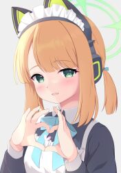  1girl 4-finger_heart_hands animal_ear_headphones animal_ears black_shirt blonde_hair blue_archive blue_ribbon blunt_bangs blush bright_pupils cat_ears close-up commentary_request fake_animal_ears green_eyes green_halo grey_background halo hands_up headphones heart heart_hands heart_in_heart_hands highres long_sleeves looking_at_viewer low_twintails maid maid_headdress medium_hair momoi_(blue_archive) momoi_(maid)_(blue_archive) open_mouth p-man_mk-2 ribbon shirt sidelighting sidelocks simple_background smile solo tsurime twintails 