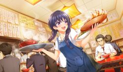  1girl 6+boys :d apron belt black_jacket blue_apron blue_hair blush braid brown_belt ceiling chinese_food chopsticks cinderella_series cup dutch_angle facing_to_the_side food fried_rice game_cg grey_pants grey_skirt hachigatsu_no_cinderella_nine highres holding holding_chopsticks holding_cup holding_plate holding_tray indoors jacket kondou_saki long_hair low_twin_braids menu_board multiple_boys necktie non-web_source noodles official_art open_mouth pants plaid_clothes plaid_skirt plate pleated_skirt ramen red_necktie restaurant sailor_collar school_uniform serafuku shirt short_sleeves skirt smile sweat tile_ceiling tiles tray twin_braids violet_eyes white_sailor_collar white_shirt 