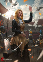  1girl 4boys arm_up armor bird black_dress blonde_hair bryan_sola clouds copyright_name day dress helmet highres holding holding_polearm holding_weapon knight logo long_dress long_hair multiple_boys outdoors polearm spear the_witcher_(series) the_witcher_3 two-tone_dress vivienne_de_tabris weapon yellow_dress yellow_eyes 