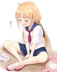  1girl arms_between_legs blonde_hair blue_sailor_collar blue_skirt closed_mouth dot_nose flat_chest furrowed_brow futaba_anzu hair_tie hot idolmaster idolmaster_cinderella_girls idolmaster_cinderella_girls_starlight_stage indian_style long_hair low_twintails miniskirt mintol_(qool+) neckerchief open_mouth pleated_skirt red_neckerchief sailor_collar school_uniform serafuku shirt shoes short_sleeves sitting skirt solo stuffed_animal stuffed_rabbit stuffed_toy sweat tile_floor tiles translated twintails unworn_socks uwabaki very_long_hair wavy_hair white_serafuku white_shirt 