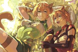  2girls animal_ears arms_behind_back braid braided_ponytail cat_ears cat_girl choker elbow_gloves fire_emblem fire_emblem:_radiant_dawn gloves highres holding_own_tail laguz_(fire_emblem) lethe_(fire_emblem) looking_at_viewer lyre_(fire_emblem) multiple_girls open_mouth orange_hair short_hair short_ponytail siblings sisters sutekina_yari tail violet_eyes 