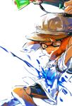  1girl baseball_cap black_shorts brown_headwear falling fangs hat highres holding holding_water_gun ink ink_tank_(splatoon) inkling inkling_(language) open_mouth orange_eyes orange_hair pointy_ears print_shirt shirt short_hair short_shorts short_sleeves shorts simple_background splatoon_(series) sweat tentacle_hair tona_bnkz water_gun white_background white_shirt 