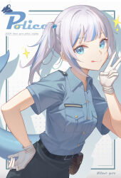  1girl absurdres alternate_costume blue_eyes blue_hair blue_shirt blue_skirt breast_pocket collared_shirt cube_hair_ornament fins fish_tail gawr_gura gloves grey_hair hair_ornament highres hololive hololive_english looking_at_viewer medium_hair multicolored_hair one_side_up pocket police police_uniform shark_girl shark_tail shengkai167 shirt skirt smile solo star_(symbol) streaked_hair tail v virtual_youtuber white_gloves 