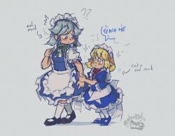  2girls ? ?? amber_eyes apron black_footwear blonde_hair blue_footwear blush_stickers bow bowtie braid chibi child dress english_text green_bow green_bowtie grey_eyes grey_hair height_difference highres izayoi_sakuya maid_apron maid_headdress medium_hair mugetsu_(touhou) multiple_girls noctiilio pointy_ears red_bow red_bowtie socks touhou touhou_(pc-98) twin_braids white_socks 