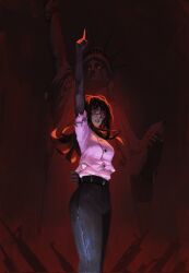  1girl arm_up black_hair black_pants chainsaw_man commentary cowboy_shot eikim0 english_commentary glowing glowing_eyes hair_between_eyes highres long_hair looking_at_viewer pants red_eyes scar scar_on_face scar_on_nose shirt short_sleeves sidelocks solo statue statue_of_liberty torn_clothes torn_shirt white_shirt yoru_(chainsaw_man) 