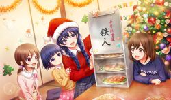  4girls arms_on_table bell blue_hair blue_shirt blunt_bangs braid brown_eyes brown_hair chinese_food christmas_ornaments christmas_tree cinderella_series collared_shirt cushion dumpling dutch_angle food fried_rice fur-trimmed_headwear fur_trim fusuma game_cg hachigatsu_no_cinderella_nine hair_bobbles hair_ornament hat highres indoors jiaozi kondou_nana kondou_saki lens_flare long_hair long_sleeves looking_at_food low_twin_braids multiple_girls non-web_source official_art okamochi_(container) open_mouth pink_shirt pink_skirt plaid_clothes plaid_skirt red_hat red_shirt santa_hat senba_amiko senba_mayuko shirt short_hair shrimp skirt sliding_doors sparkle sweater tatami tinsel twin_braids violet_eyes yellow_sweater zabuton 