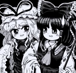  2girls absurdres ascot black_background blush_stickers bow commentary_request detached_sleeves gohei greyscale hair_bow hair_tubes hakurei_reimu hat highres index_finger_raised kondeihakusyu locked_arms long_hair long_sleeves looking_at_another looking_to_the_side mob_cap monochrome multiple_girls official_style open_mouth ribbon-trimmed_sleeves ribbon_trim smile sweatdrop touhou yakumo_yukari zun_(style) 