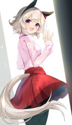  1girl :d animal_ears black_pantyhose bow breasts commentary_request curren_chan_(umamusume) ear_bow grey_hair hair_between_eyes highres horse_ears horse_girl horse_tail long_sleeves looking_at_viewer looking_back medium_breasts meyamu pantyhose puffy_long_sleeves puffy_sleeves red_bow red_skirt see-through see-through_sleeves shirt skirt sleeves_past_wrists smile solo tail turtleneck turtleneck_shirt umamusume violet_eyes white_background white_shirt 