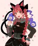 1girl :d animal_ears bangs bell black_bow black_dress black_nails blunt_bangs blush bow braid cat_ears cat_tail commentary corset dress extra_ears fangs fingernails frilled_sleeves frills hair_bow hand_on_hip highres hitodama jingle_bell kaenbyou_rin long_hair long_sleeves looking_at_viewer mozukuzu_(manukedori) multiple_tails nail_polish open_mouth red_eyes smile solo tail touhou twin_braids two_tails upper_body 