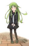  1girl black_footwear black_serafuku black_skirt blush closed_mouth crescent crescent_hair_ornament green_eyes green_hair hair_ornament highres implied_pregnancy jewelry kantai_collection long_hair long_sleeves nagatsuki_(kancolle) neckerchief po0000000000 ring school_uniform serafuku simple_background skirt wedding_ring white_neckerchief 