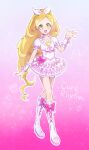  1girl :d blonde_hair boots bow braid character_name choker collarbone crown_braid cure_rhythm dress earrings hair_bow heart heart_earrings highres jewelry knee_boots layered_dress long_hair looking_at_viewer pink_bow precure short_dress short_sleeves smile solo suite_precure usiusi_nanas very_long_hair white_bow white_choker white_dress white_footwear yellow_eyes 