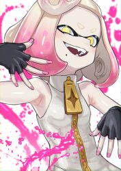  1girl :d bare_shoulders black_gloves blush commentary_request cross-shaped_pupils crown dress fangs fingerless_gloves fingernails forehead gloves gradient_hair haishima_xv hand_up highres looking_at_viewer mole mole_under_mouth multicolored_hair nail_polish open_mouth paint paint_splatter pearl_(splatoon) pink_hair pink_nails short_eyebrows short_hair simple_background sleeveless sleeveless_dress smile solo splatoon_(series) splatoon_2 symbol-shaped_pupils teeth tentacle_hair thick_eyebrows tilted_headwear upper_body v-shaped_eyebrows white_background white_dress white_hair yellow_eyes zipper zipper_pull_tab 