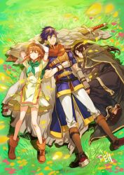  1girl 2boys black_hair black_robe blue_hair boots brother_and_sister brown_footwear brown_hair cape closed_eyes dress fire_emblem fire_emblem:_path_of_radiance ike_(fire_emblem) long_hair lying mist_(fire_emblem) multiple_boys nanathuika on_back on_grass on_side robe sandals short_hair siblings sleeping soren_(fire_emblem) sword weapon yellow_dress 