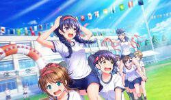  6+girls @_@ barefoot black_socks blue_eyes blue_hair blue_shorts blurry bow braid brown_eyes brown_hair cinderella_series clouds crying depth_of_field dutch_angle flags_of_all_nations game_cg green_eyes grin gym_shirt gym_shorts gym_uniform hachigatsu_no_cinderella_nine hachimaki hair_bow hairband headband highres holding holding_ribbon izumida_kyouka kibasen kondou_saki lens_flare light_particles long_hair looking_at_another low_twin_braids multiple_girls non-web_source official_art on_grass open_mouth pointing pointing_at_another red_bow red_hairband ribbon school shirt short_sleeves shorts sky smile socks sports_festival standing string_of_flags teardrop teeth twin_braids upper_teeth_only violet_eyes wavy_mouth white_hairband white_shirt yellow_eyes 