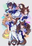  4girls :d ;d \m/ animal_ears aqua_eyes arm_up back_bow bangs blonde_hair blue_bow blue_bowtie blue_eyes blue_hair blue_neckwear blue_sash blush bow bowtie breasts brown_footwear brown_hair buckle commentary daitaku_helios_(umamusume) ear_tag earrings fang fingernails floating frilled_skirt frills full_body gold_city_(umamusume) grey_background grin hand_in_hair hand_on_own_chest highres horse_ears horse_girl horse_tail jewelry large_breasts lips loafers long_hair looking_at_viewer medium_breasts mejiro_palmer_(umamusume) multicolored_hair multiple_girls one_eye_closed open_mouth pleated_skirt sash school_uniform shoes short_hair short_sleeves skin_fang skirt smile streaked_hair stud_earrings suzikoooo73 tail thigh-highs tosen_jordan_(umamusume) tracen_school_uniform trait_connection two_side_up umamusume wavy_hair white_legwear white_skirt 