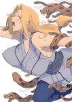  1girl absurdres arad_baranga bare_shoulders blonde_hair blush breasts covered_nipples facial_mark fleeing hatching_(texture) highres large_breasts long_hair looking_back naruto naruto_(series) open_mouth restrained running scales silhouette simple_background snake solo sweat teeth tongue tsunade_(naruto) twintails upper_teeth white_background 