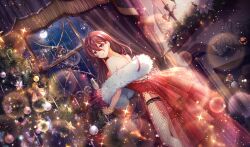  1girl blurry christmas christmas_ornaments christmas_tree cinderella_series closed_mouth cup curtains depth_of_field dress dutch_angle fireplace fishnet_thighhighs fishnets from_behind full_moon game_cg hachigatsu_no_cinderella_nine hair_between_eyes highres holding holding_cup honjo_chikage indoors lens_flare light_particles long_hair looking_at_viewer looking_back moon night non-web_source official_art purple_hair red_dress smile solo sparkle standing strapless strapless_dress thigh-highs tinsel very_long_hair violet_eyes wavy_hair window 