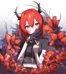  1girl absurdres arknights beudelb black_gloves black_shirt blurry bokeh cellphone depth_of_field eyebrows_visible_through_hair flower gloves hair_between_eyes heart highres horns jewelry lily_(flower) looking_at_viewer navel necklace parted_lips phone redhead ring rose shirt short_sleeves single_glove slit_pupils solo surtr_(arknights) upper_body violet_eyes 