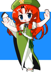  1girl aoiuna blue_eyes blush bow bowtie chinese_clothes frilled_sleeves frills hands_up hat highres hong_meiling leg_up long_hair looking_at_viewer open_mouth pants pants_under_skirt parted_bangs redhead short_sleeves side_slit skirt skirt_set smile solo touhou 
