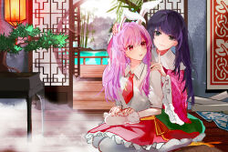  2girls absurdres animal_ears animal_on_lap bamboo bonsai chinese_commentary closed_mouth collared_shirt commentary_request day hand_on_another&#039;s_head hand_on_another&#039;s_shoulder highres houraisan_kaguya lens_flare long_hair long_sleeves looking_at_another looking_at_viewer multiple_girls necktie on_lap open_mouth pink_shirt purple_hair rabbit rabbit_ears red_eyes red_necktie red_skirt reisen_udongein_inaba rivergod shirt sitting skirt smile table touhou white_shirt wide_sleeves 