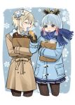  2girls alternate_costume bag bangs beige_coat black_legwear blonde_hair blue_coat blue_eyes blue_scarf blue_skirt blunt_bangs blush closed_eyes coat cropped_legs feeding flower food genshin_impact gyoju_(only_arme_nim) hair_flower hair_ornament hair_ribbon highres kamisato_ayaka long_hair long_sleeves lumine_(genshin_impact) multiple_girls open_mouth pantyhose paper_bag pink_ribbon pleated_skirt ponytail ribbon scarf short_hair_with_long_locks sidelocks skirt snowing taiyaki tress_ribbon wagashi white_flower white_scarf 